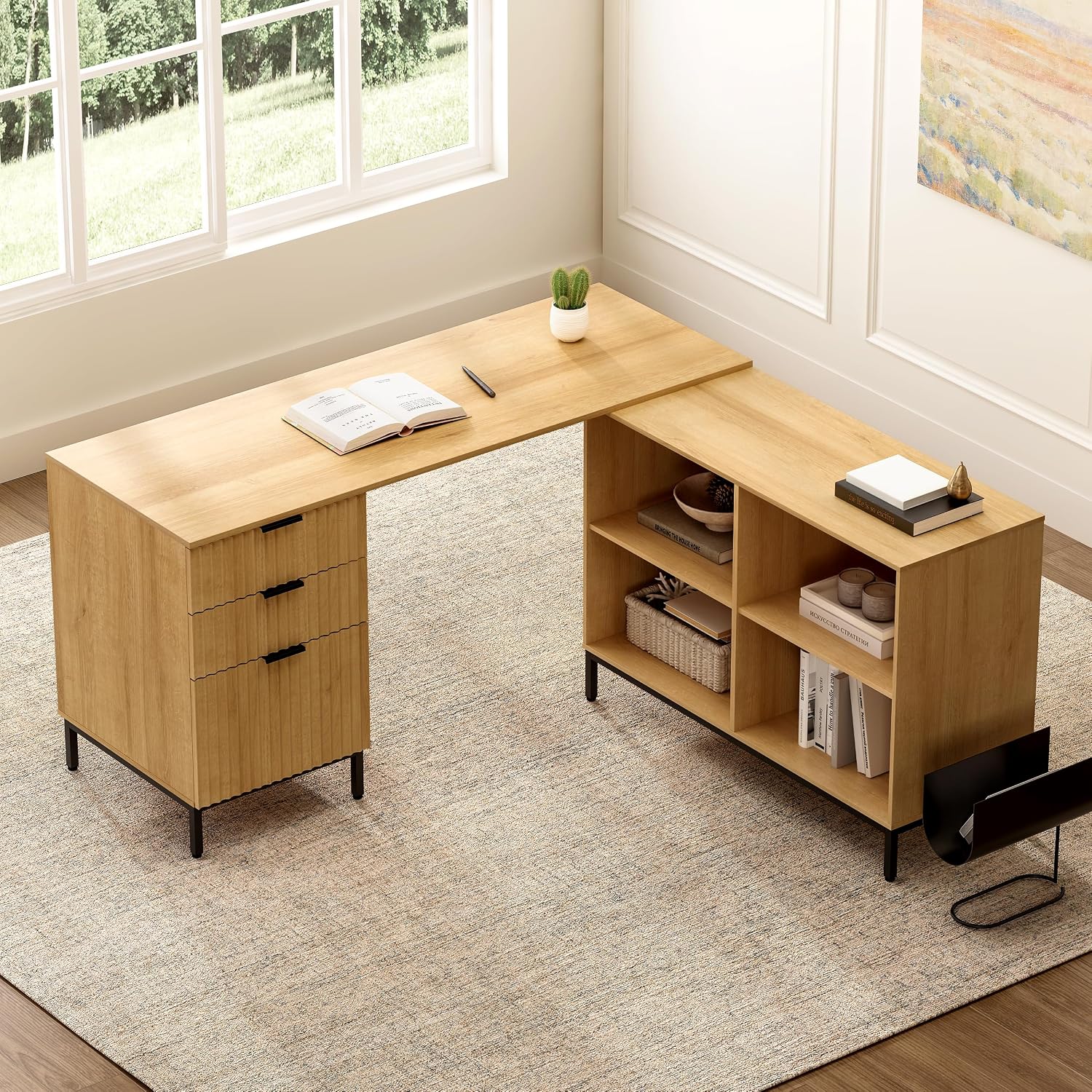 60' L Shaped Fluted Desk, Computer Desk with Movable Storage Cabinet Home Office Desk with 3 Drawers Metal Legs Corner Desk for Gaming Study, Natural Oak