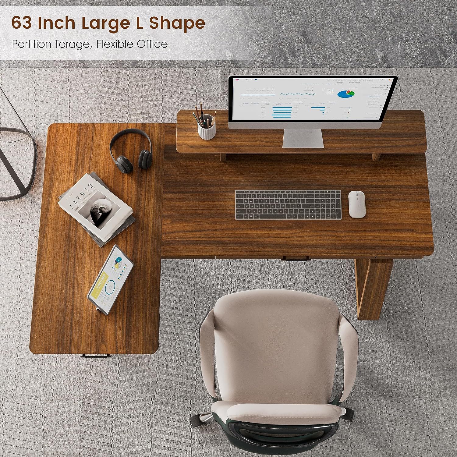 EUREKA ERGONOMIC L Shaped Desk 63', Solid Walnut Wood Top, Executive Standing Desk Adjustable Height, Dual Motor Corner Workstation with Drawers & Monitor Shelf for Home Office, Left