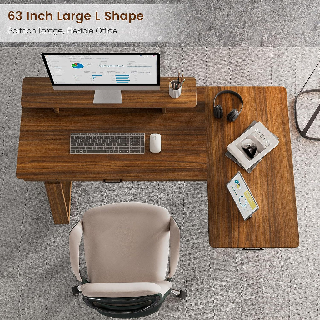 EUREKA ERGONOMIC 63' L-Shaped Standing Desk, Solid Walnut Top, Dual Drawers, Height Adjustable Executive Desk with Monitor Stand, Right, Walnut