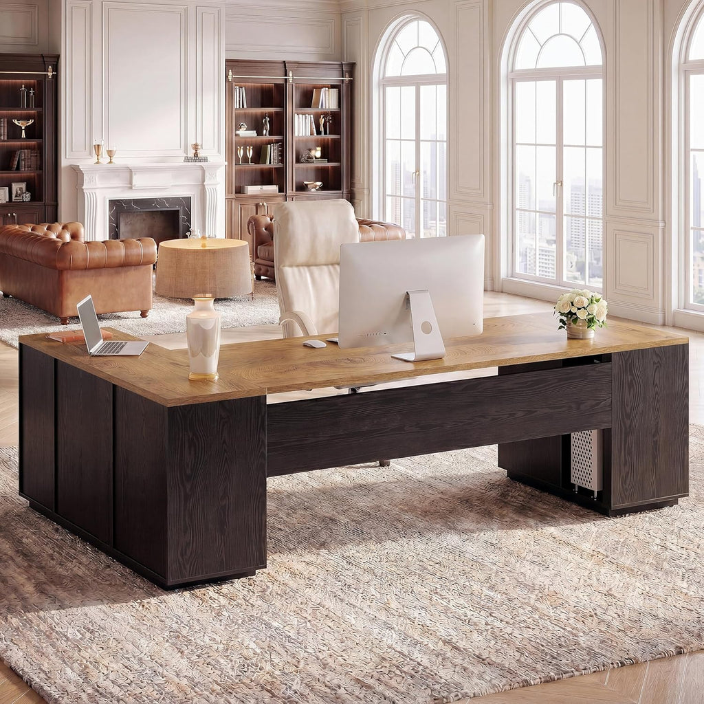 Tribesigns 85.8-Inch L-Shaped Executive Desk with File Drawers, Door Cabinet & Shelves, Extra Large Commercial Office Desk, Modern Professional Office Table, Business Furniture, Natural & Black