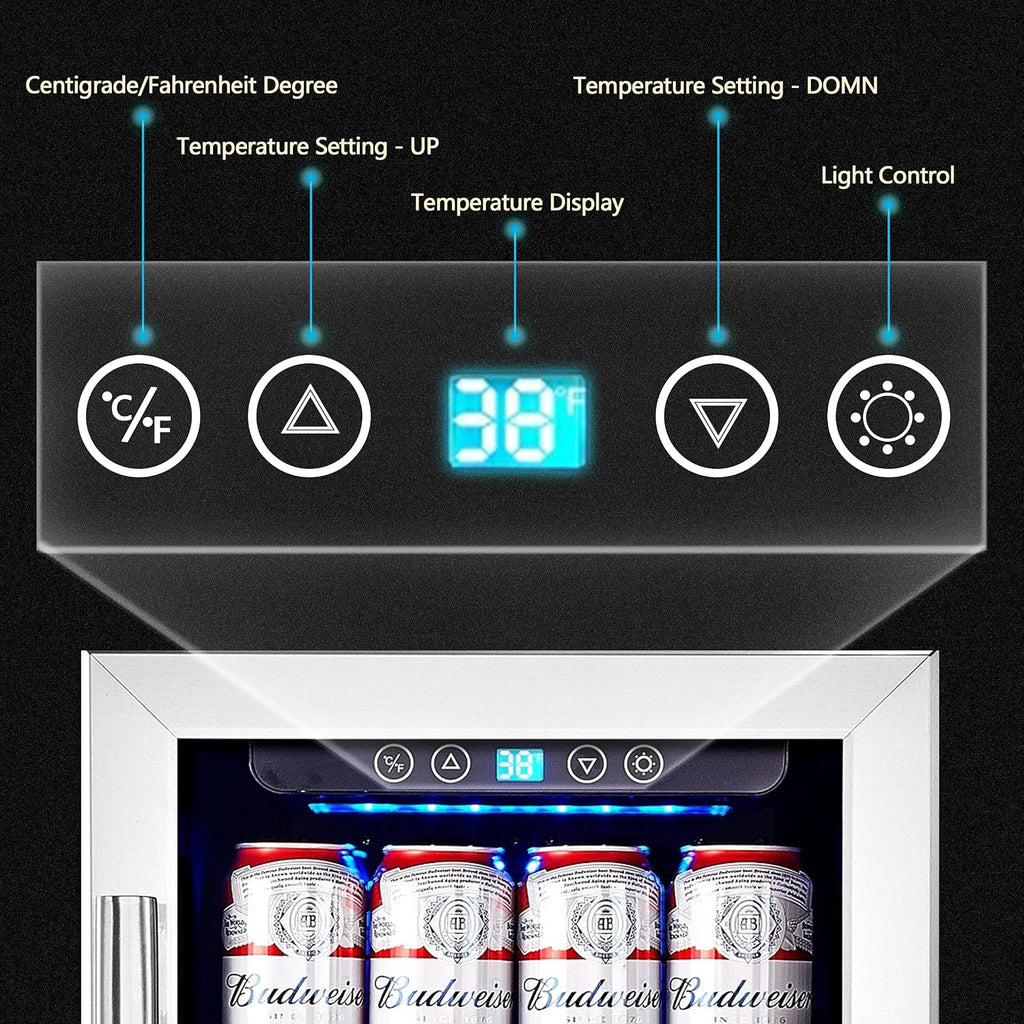 15 Inch Beverage Cooler and Kalamera Refrigerator Under Counter Built-in or Freestanding - 96 Cans Capacity Mini Fridge- for Soda, Water, Beer or Wine - For Kitchen or Bar with Blue Interior Light