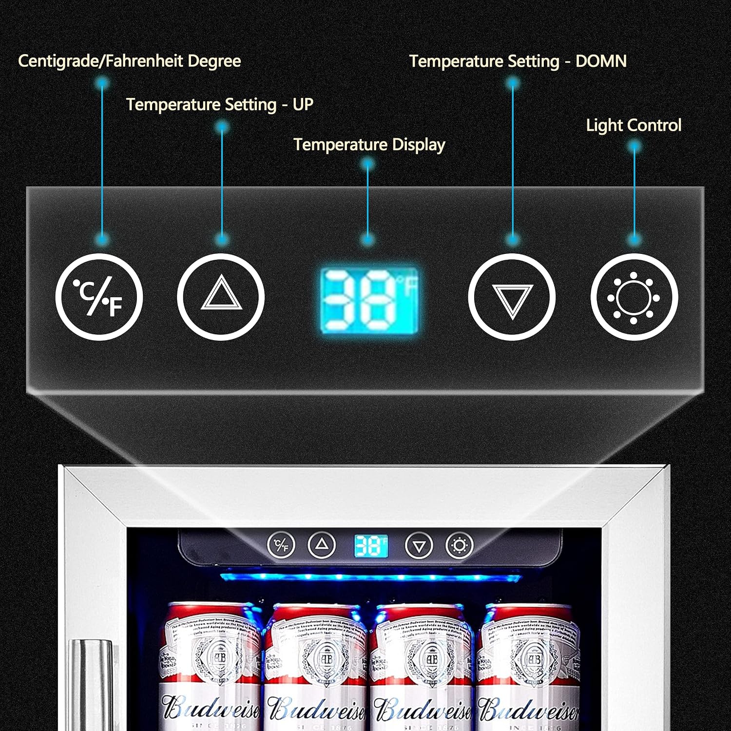 15 Inch Beverage Cooler and Kalamera Refrigerator Under Counter Built-in or Freestanding - 96 Cans Capacity Mini Fridge- for Soda, Water, Beer or Wine - For Kitchen or Bar with Blue Interior Light