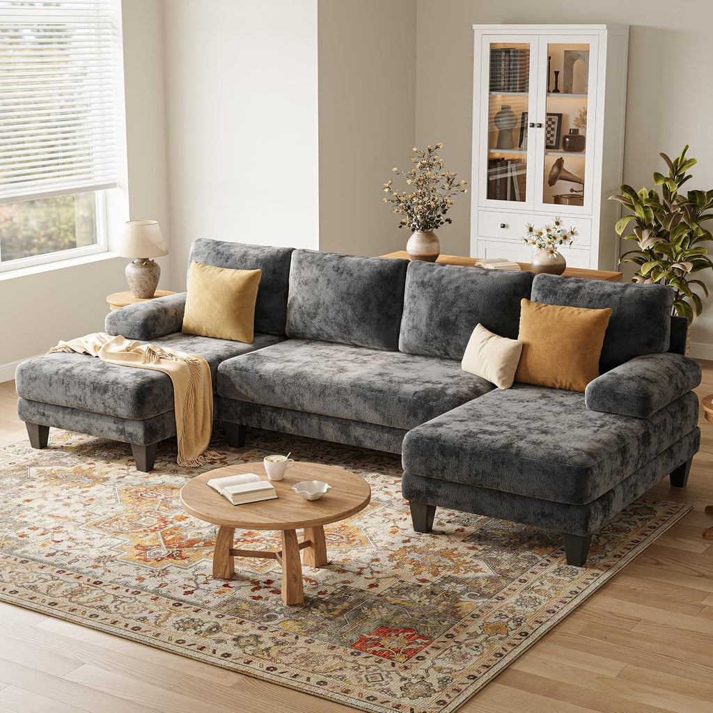 U-Shaped Sectional Couches for Living Room | Chenille Sofa with Double Chaise | 112 Inch Dark Grey Sectionals Couch for Apartment