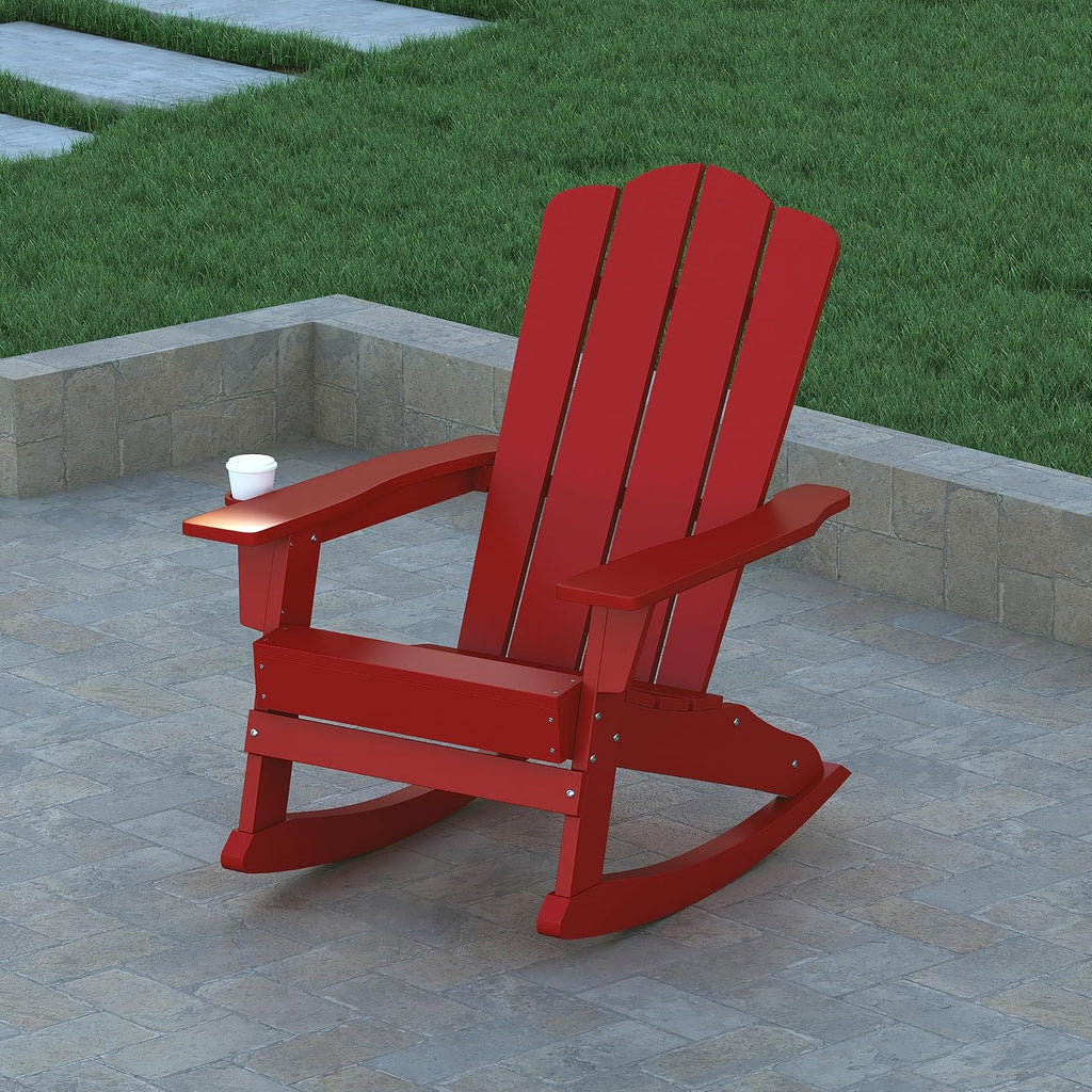 EMMA + OLIVER Tiverton Adirondack Rocking Chair with Cup Holder, Weather Resistant Poly Resin Adirondack Rocking Chair, Red
