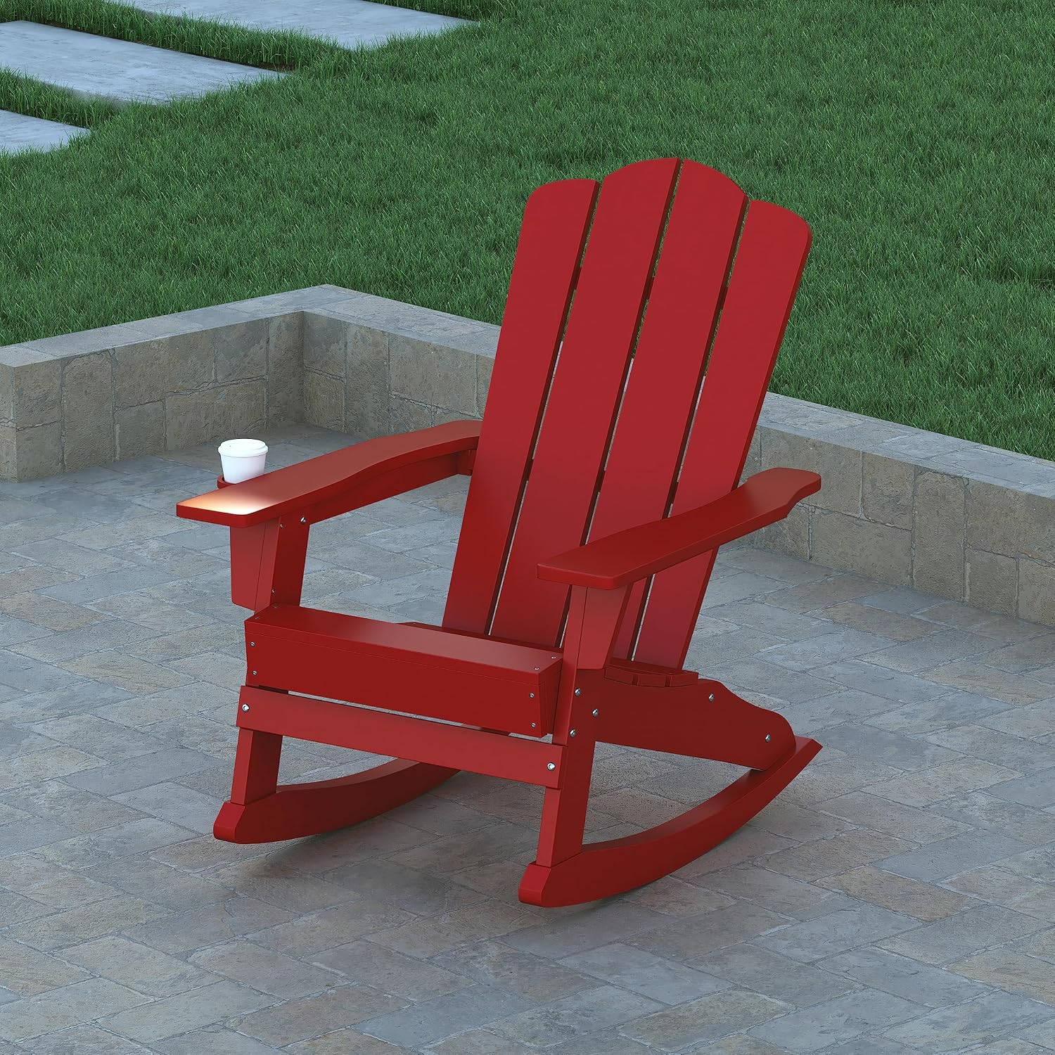 EMMA + OLIVER Tiverton Adirondack Rocking Chair with Cup Holder, Weather Resistant Poly Resin Adirondack Rocking Chair, Red