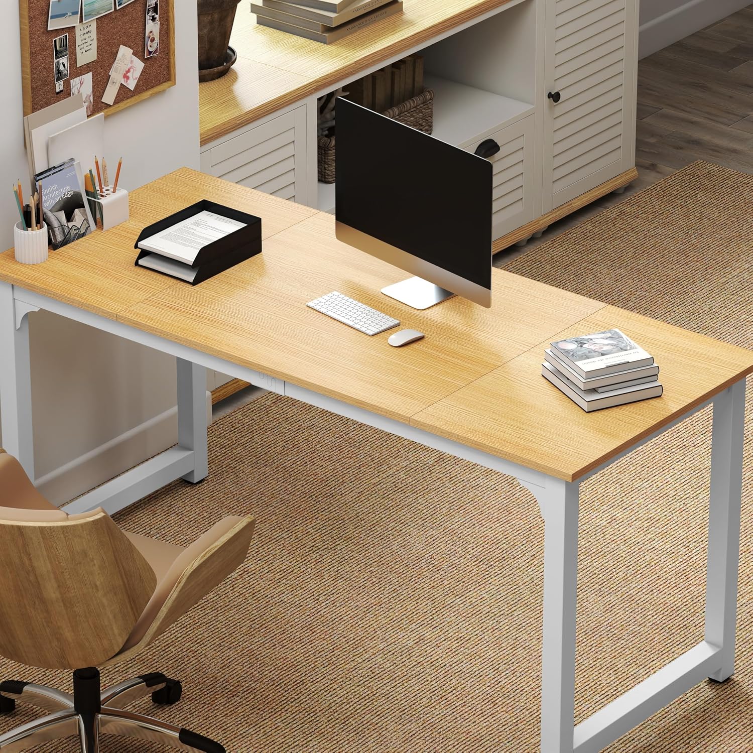 NSdirect Modern Computer Desk 63 Inch Large Office Desk, Writing Study Table for Home Office Desk Workstation Wide Metal Sturdy Frame Thicker Steel Legs, White
