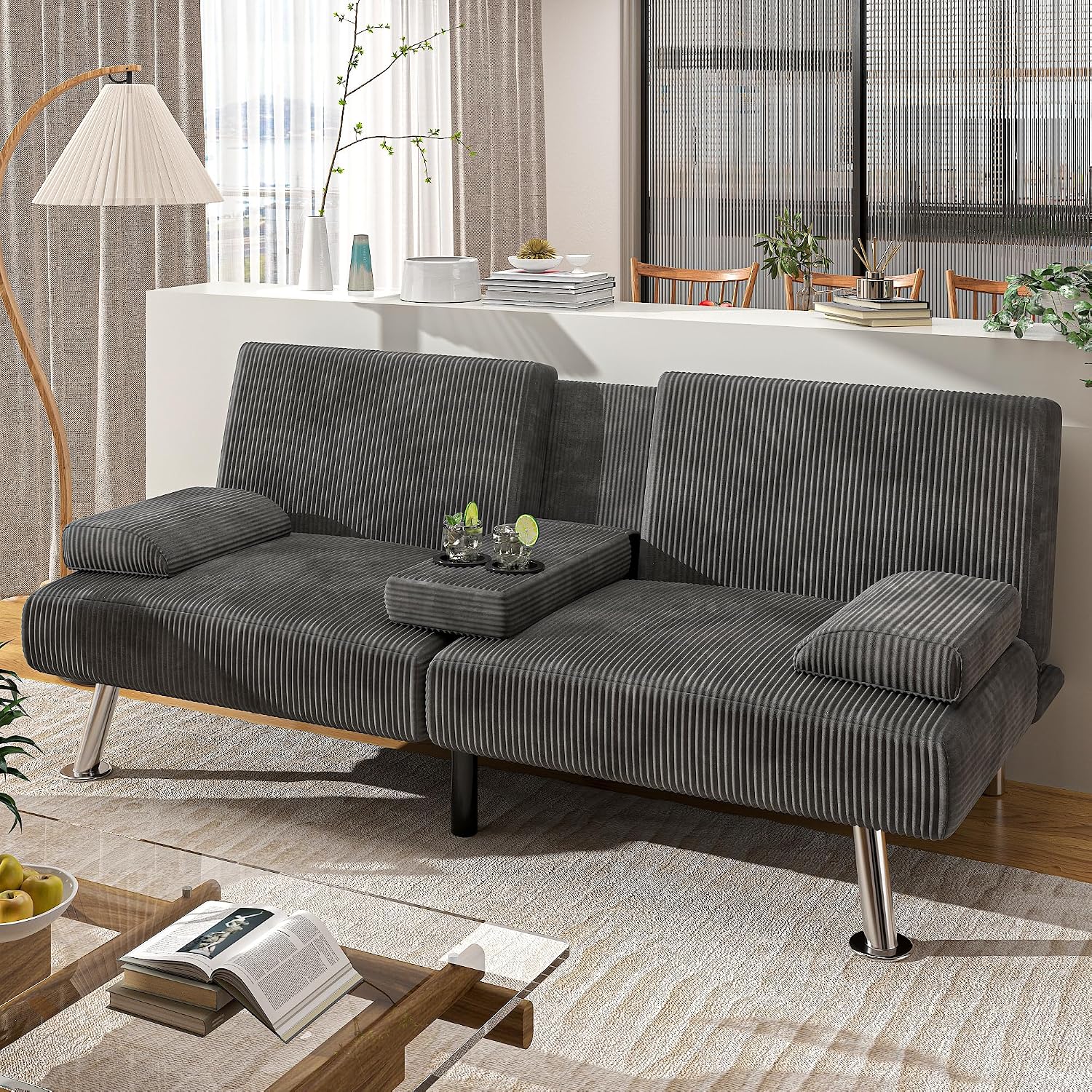 Shahoo Modern Upholstered Convertible Folding Futon Sofa Bed with Removable Armrests, Metal Legs, 2 Cup Holders for Living Room, Grey